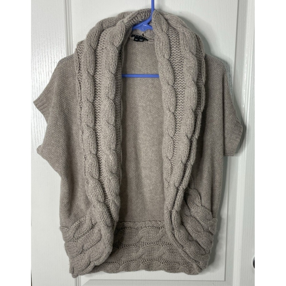 Theory Sweater Cardigan Beige Wool Cashmere Fisherman Chunky Shawl Cable Knit